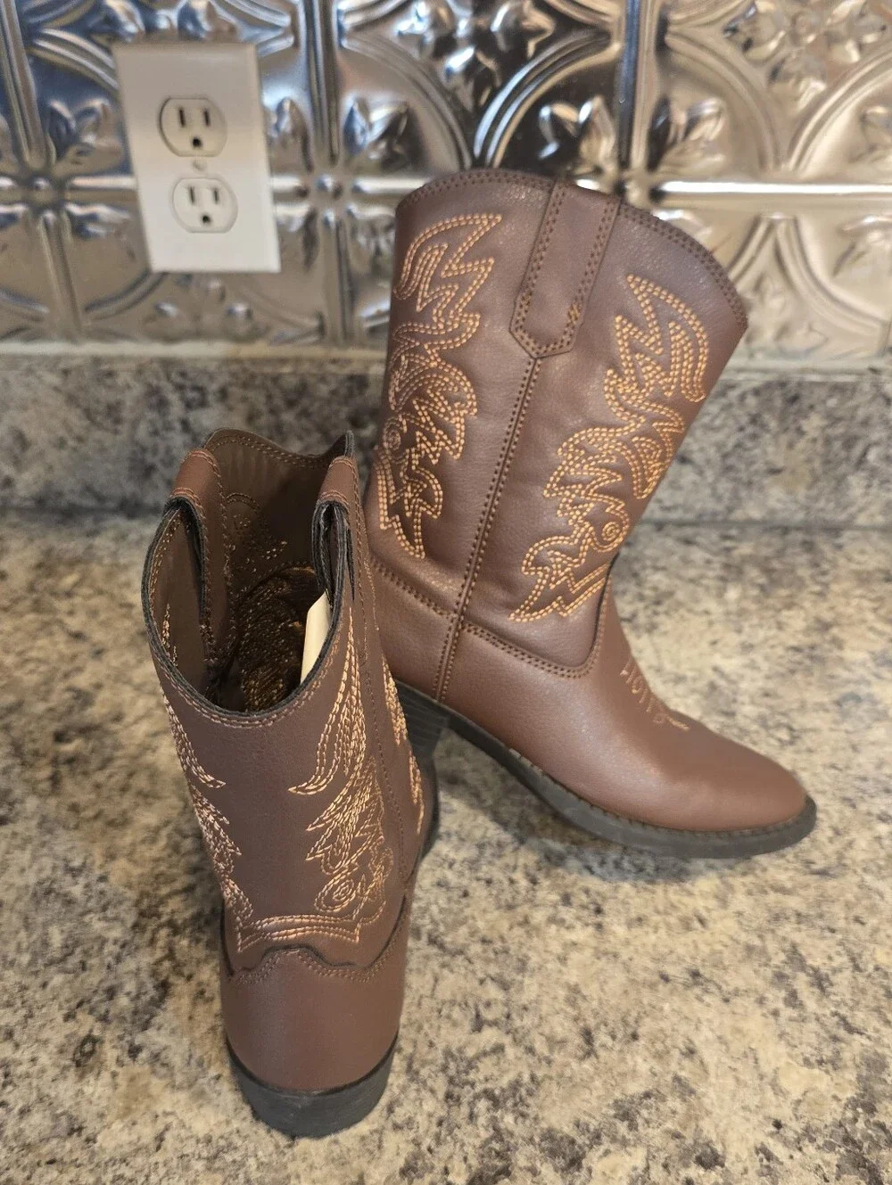 Deer Stags Ranch Cowboy Western Dark Brown Faux Leather Boots Boys Girls Sz 13c